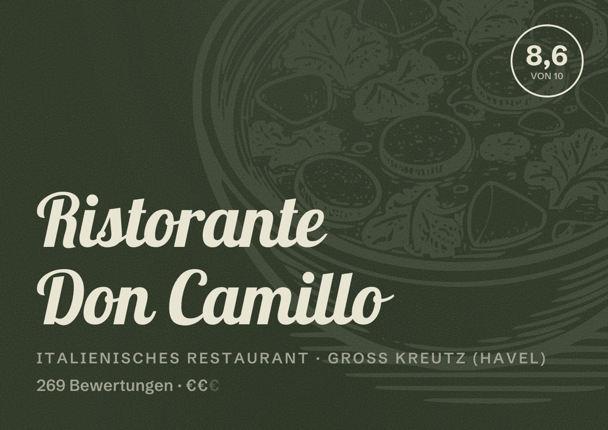 Illustriertes Poster von Ristorante Don Camillo, Italienisches Restaurant in Groß Kreutz (Havel): Bewertung 8,6 von 10 aus 269 Bewertungen, Preisniveau €€