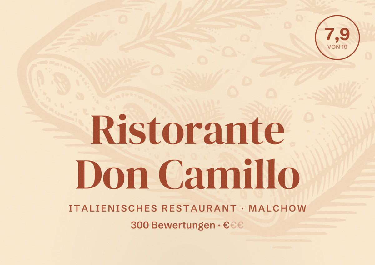 Illustriertes Poster von Ristorante Don Camillo, Italienisches Restaurant in Malchow: Bewertung 7,9 von 10 aus 300 Bewertungen, Preisniveau €