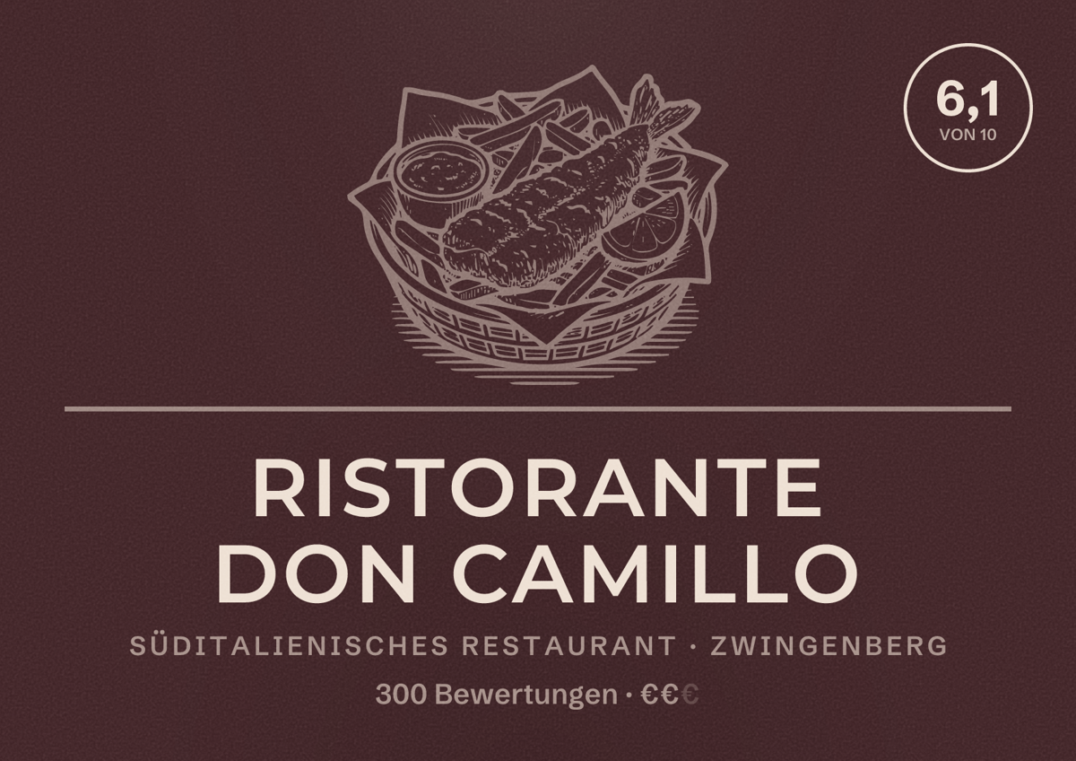Illustriertes Poster von Ristorante Don Camillo, Süditalienisches Restaurant in Zwingenberg: Bewertung 6,1 von 10 aus 300 Bewertungen, Preisniveau €€