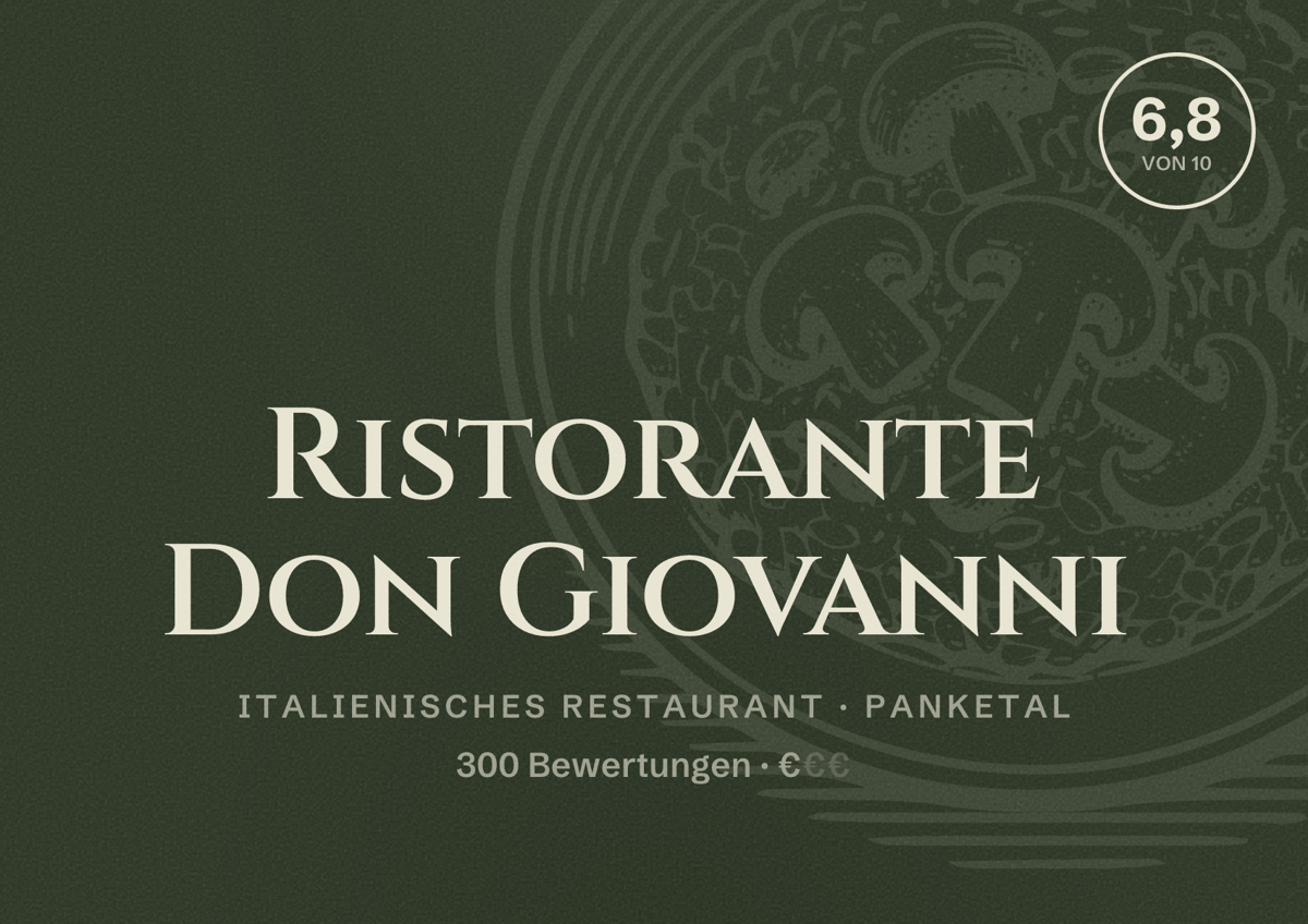 Illustriertes Poster von Ristorante Don Giovanni, Italienisches Restaurant in Panketal: Bewertung 6,8 von 10 aus 300 Bewertungen, Preisniveau €