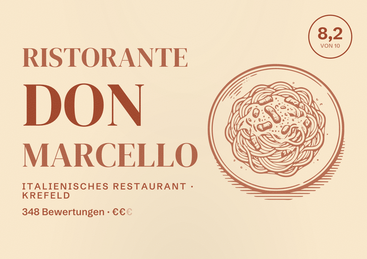 Illustriertes Poster von Ristorante Don Marcello, Italienisches Restaurant in Krefeld: Bewertung 8,2 von 10 aus 348 Bewertungen, Preisniveau €€