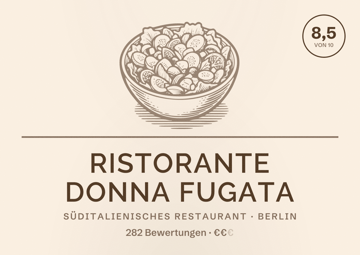 Illustriertes Poster von Ristorante Donna Fugata, Süditalienisches Restaurant in Berlin: Bewertung 8,5 von 10 aus 282 Bewertungen, Preisniveau €€
