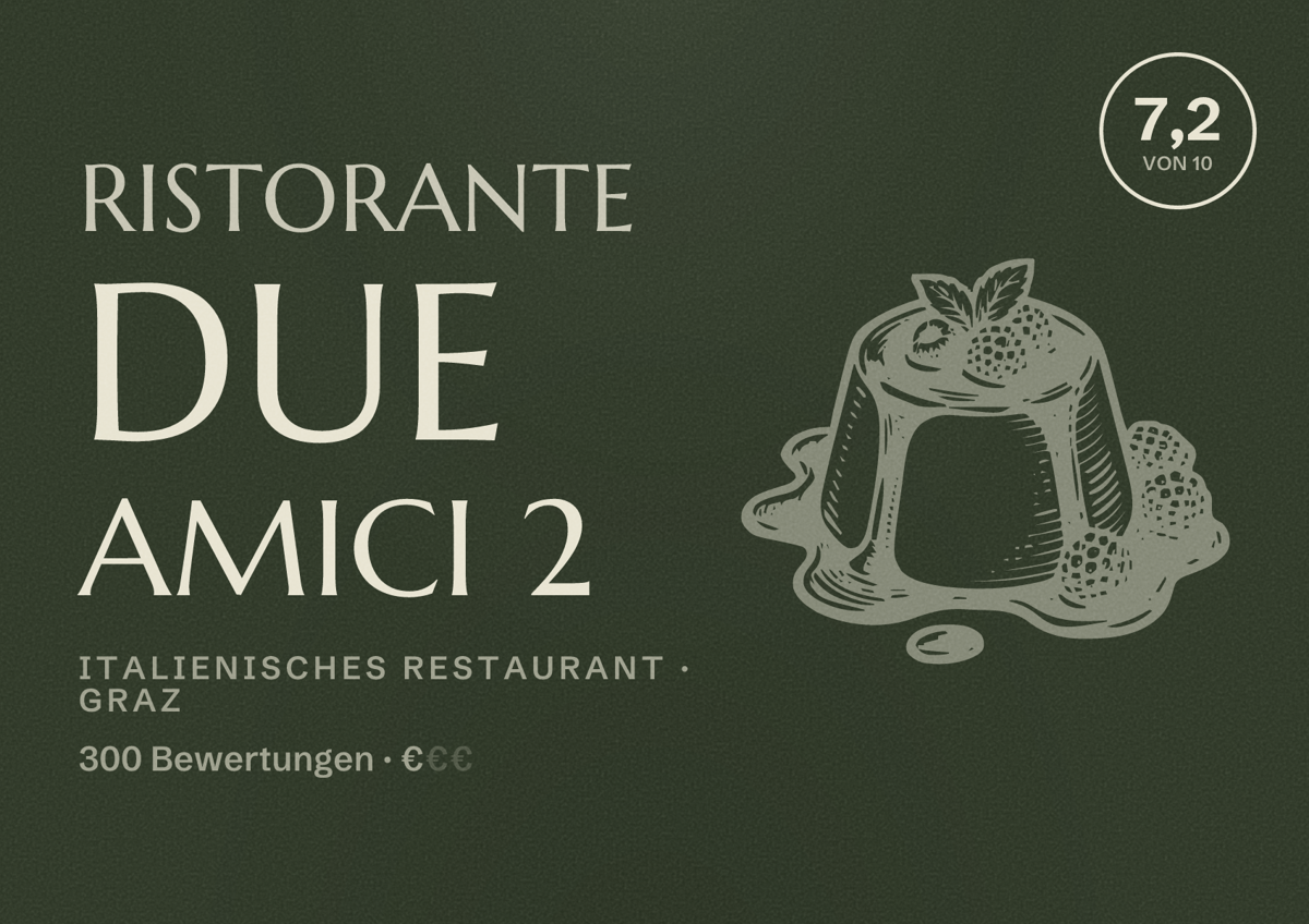Illustriertes Poster von Ristorante Due Amici 2, Italienisches Restaurant in Graz: Bewertung 7,2 von 10 aus 300 Bewertungen, Preisniveau €
