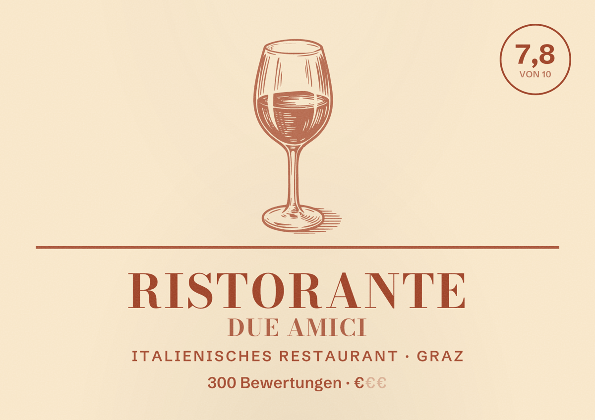 Illustriertes Poster von Ristorante Due Amici, Italienisches Restaurant in Graz: Bewertung 7,8 von 10 aus 300 Bewertungen, Preisniveau €