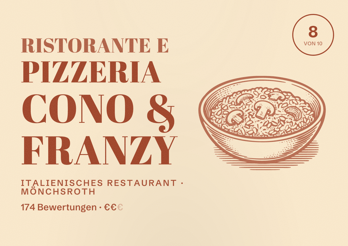 Illustriertes Poster von Ristorante e Pizzeria Cono & Franzy, Italienisches Restaurant in Mönchsroth: Bewertung 8 von 10 aus 174 Bewertungen, Preisniveau €€