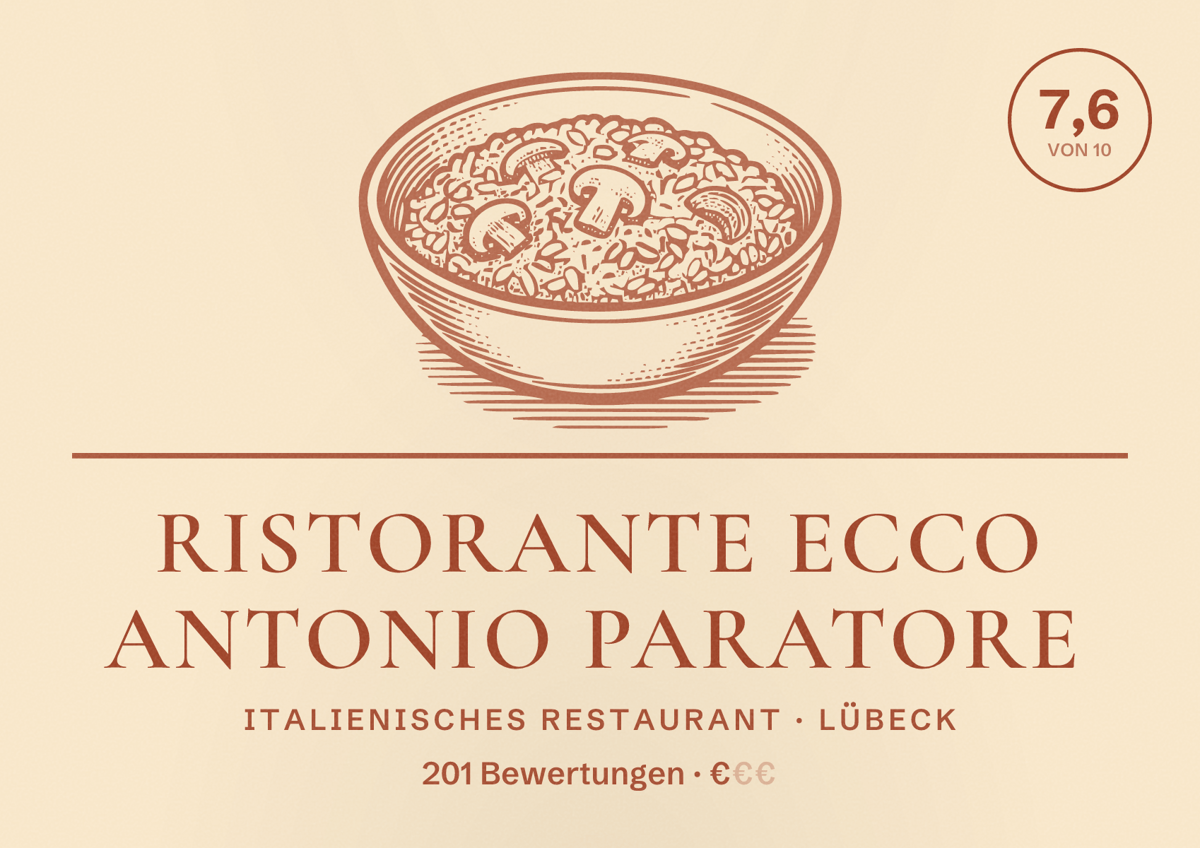 Illustriertes Poster von Ristorante Ecco Antonio Paratore, Italienisches Restaurant in Lübeck: Bewertung 7,6 von 10 aus 201 Bewertungen, Preisniveau €