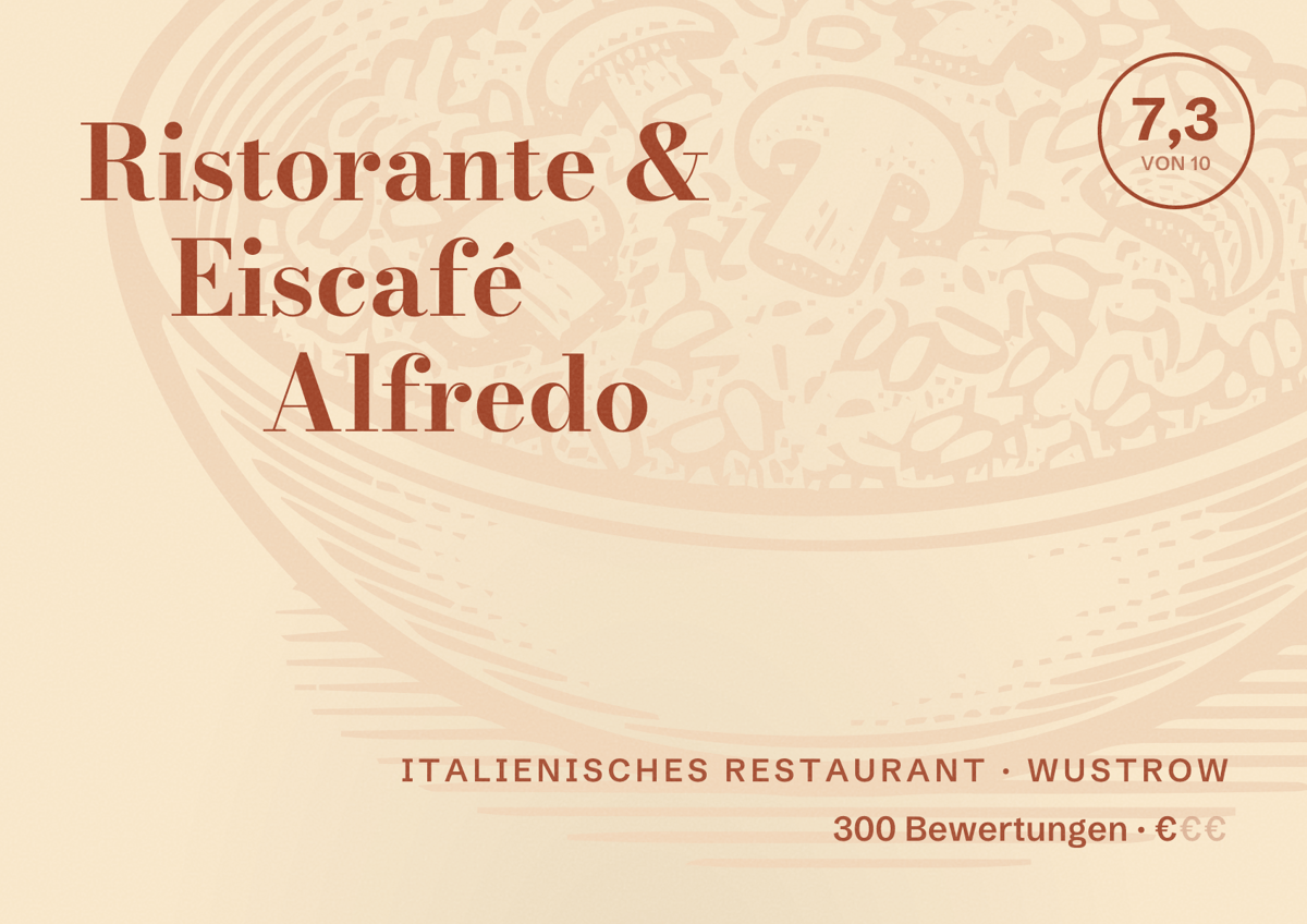 Illustriertes Poster von Ristorante & Eiscafé Alfredo, Italienisches Restaurant in Wustrow: Bewertung 7,3 von 10 aus 300 Bewertungen, Preisniveau €
