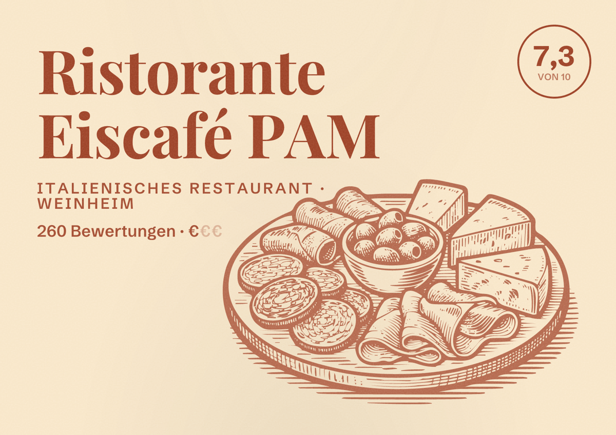 Illustriertes Poster von Ristorante Eiscafé PAM, Italienisches Restaurant in Weinheim: Bewertung 7,3 von 10 aus 260 Bewertungen, Preisniveau €