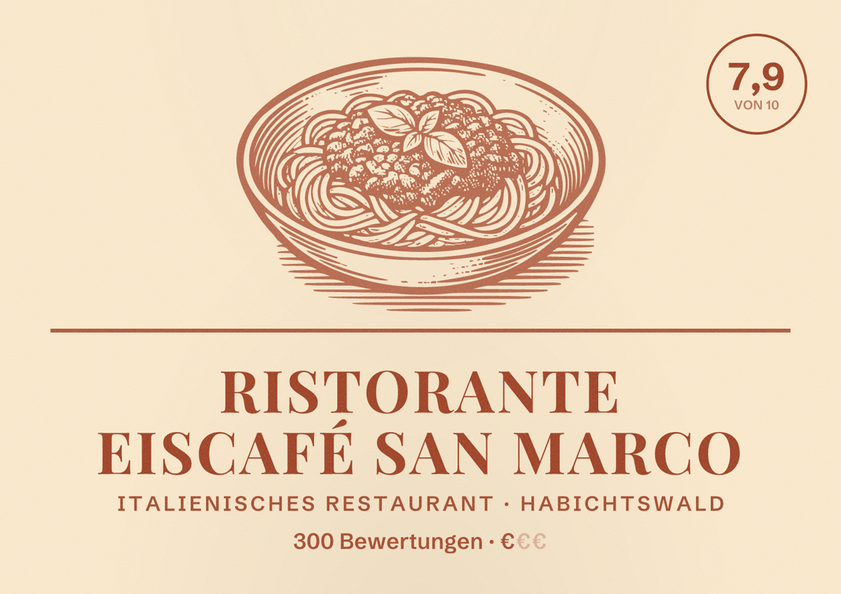Illustriertes Poster von Ristorante Eiscafé San Marco, Italienisches Restaurant in Habichtswald: Bewertung 7,9 von 10 aus 300 Bewertungen, Preisniveau €