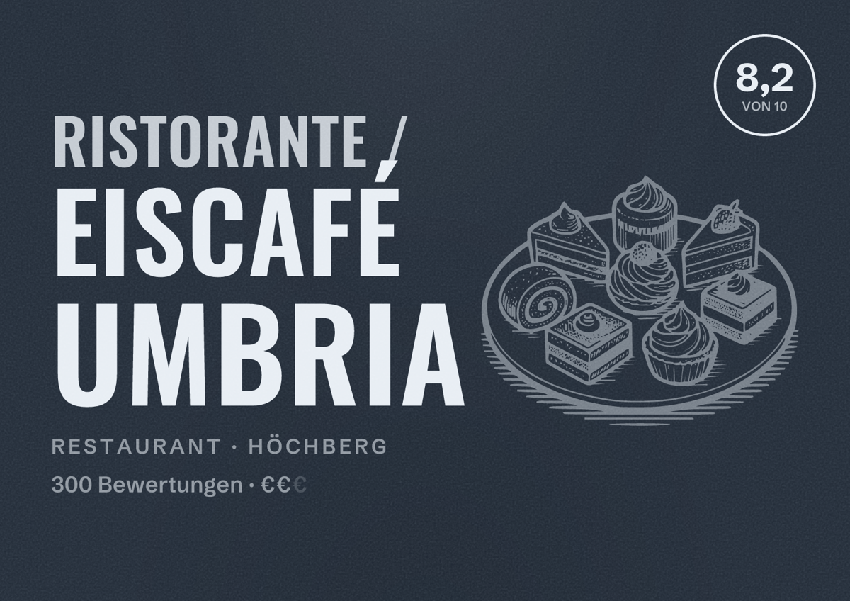 Illustriertes Poster von Ristorante / Eiscafé Umbria, Restaurant in Höchberg: Bewertung 8,2 von 10 aus 300 Bewertungen, Preisniveau €€
