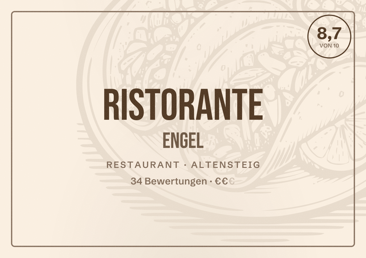 Illustriertes Poster von Ristorante Engel, Restaurant in Altensteig: Bewertung 8,7 von 10 aus 34 Bewertungen, Preisniveau €€
