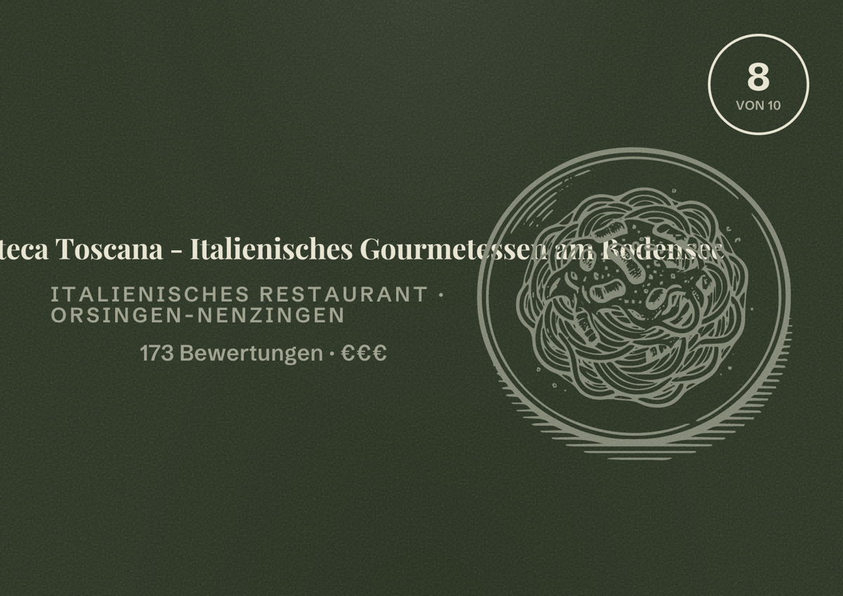 Illustriertes Poster von Ristorante Enoteca Toscana - Italienisches Gourmetessen am Bodensee, Italienisches Restaurant in Orsingen-Nenzingen: Bewertung 8 von 10 aus 173 Bewertungen, Preisniveau €€€
