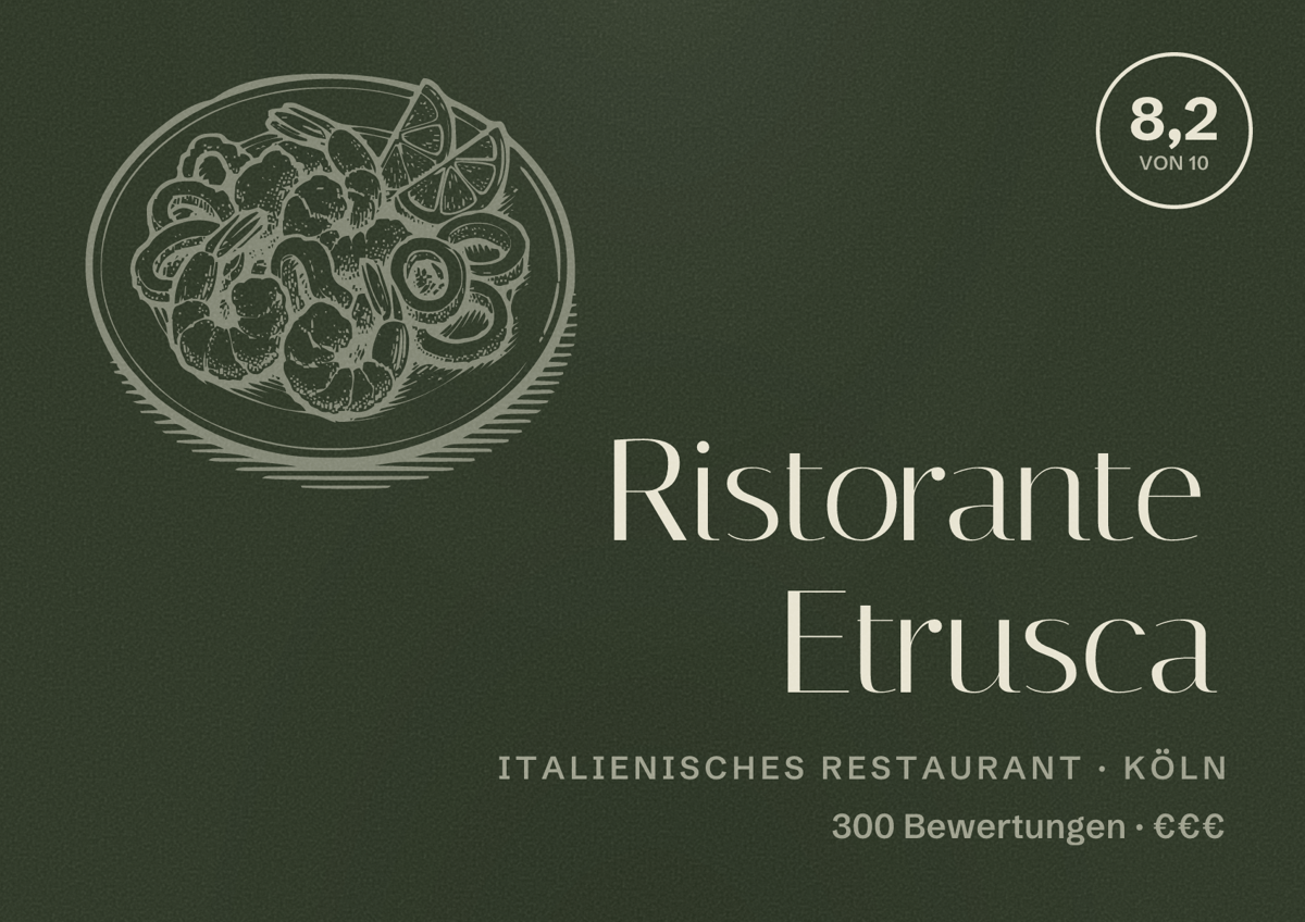 Illustriertes Poster von Ristorante Etrusca, Italienisches Restaurant in Köln: Bewertung 8,2 von 10 aus 300 Bewertungen, Preisniveau €€€