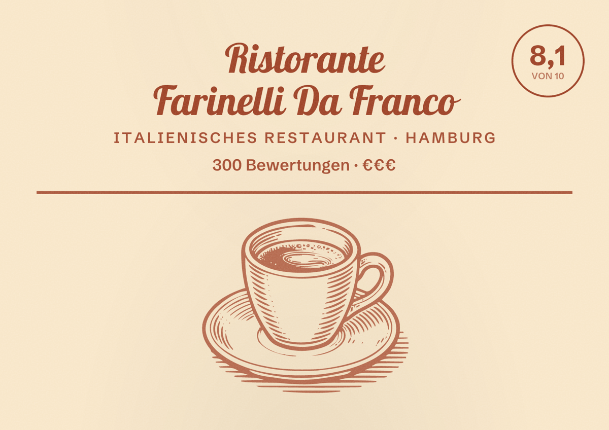 Illustriertes Poster von Ristorante Farinelli Da Franco, Italienisches Restaurant in Hamburg: Bewertung 8,1 von 10 aus 300 Bewertungen, Preisniveau €€€