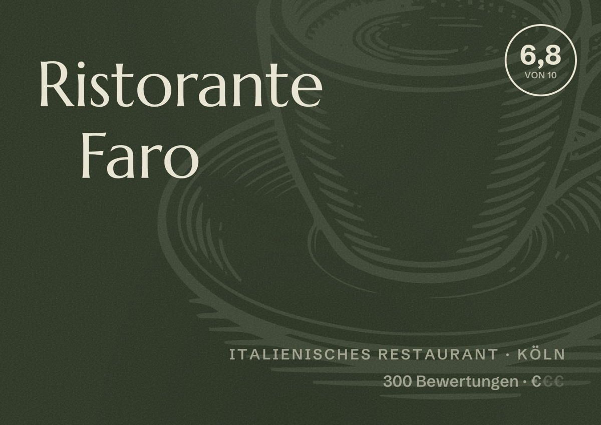 Illustriertes Poster von Ristorante Faro, Italienisches Restaurant in Köln: Bewertung 6,8 von 10 aus 300 Bewertungen, Preisniveau €