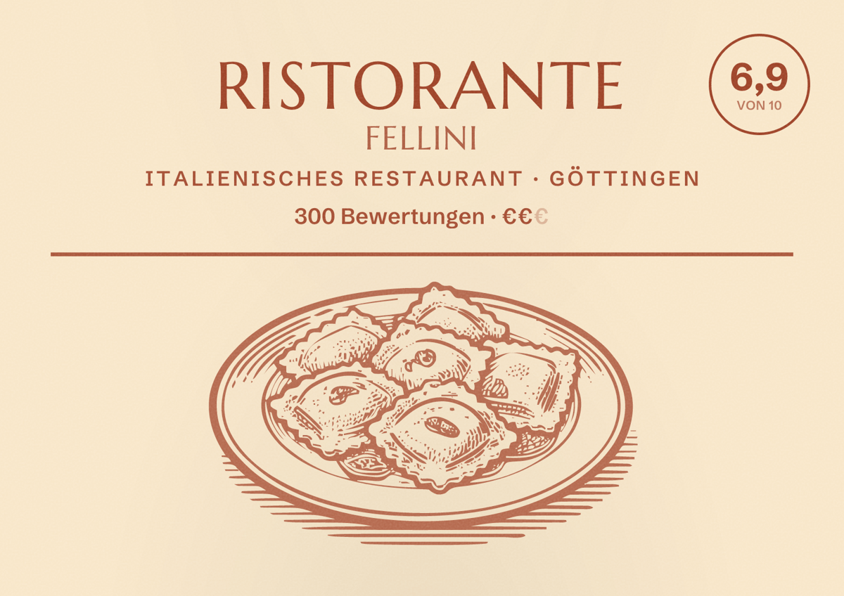 Illustriertes Poster von Ristorante Fellini, Italienisches Restaurant in Göttingen: Bewertung 6,9 von 10 aus 300 Bewertungen, Preisniveau €€