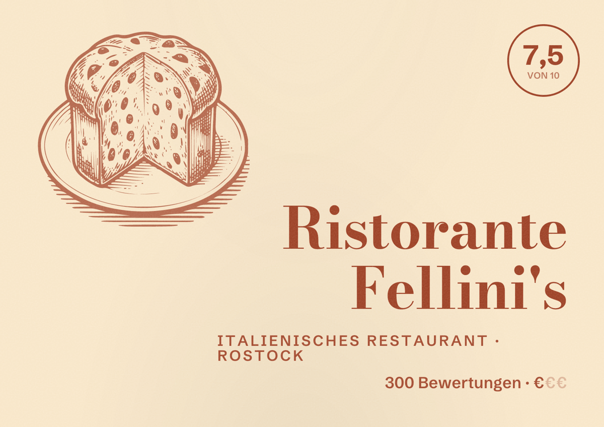 Illustriertes Poster von Ristorante Fellini's, Italienisches Restaurant in Rostock: Bewertung 7,5 von 10 aus 300 Bewertungen, Preisniveau €