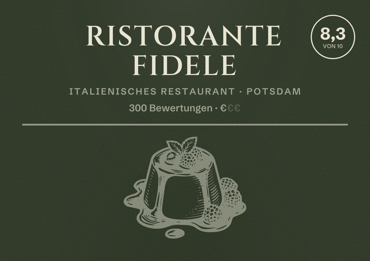 Illustriertes Poster von Ristorante Fidele, Italienisches Restaurant in Potsdam: Bewertung 8,3 von 10 aus 300 Bewertungen, Preisniveau €