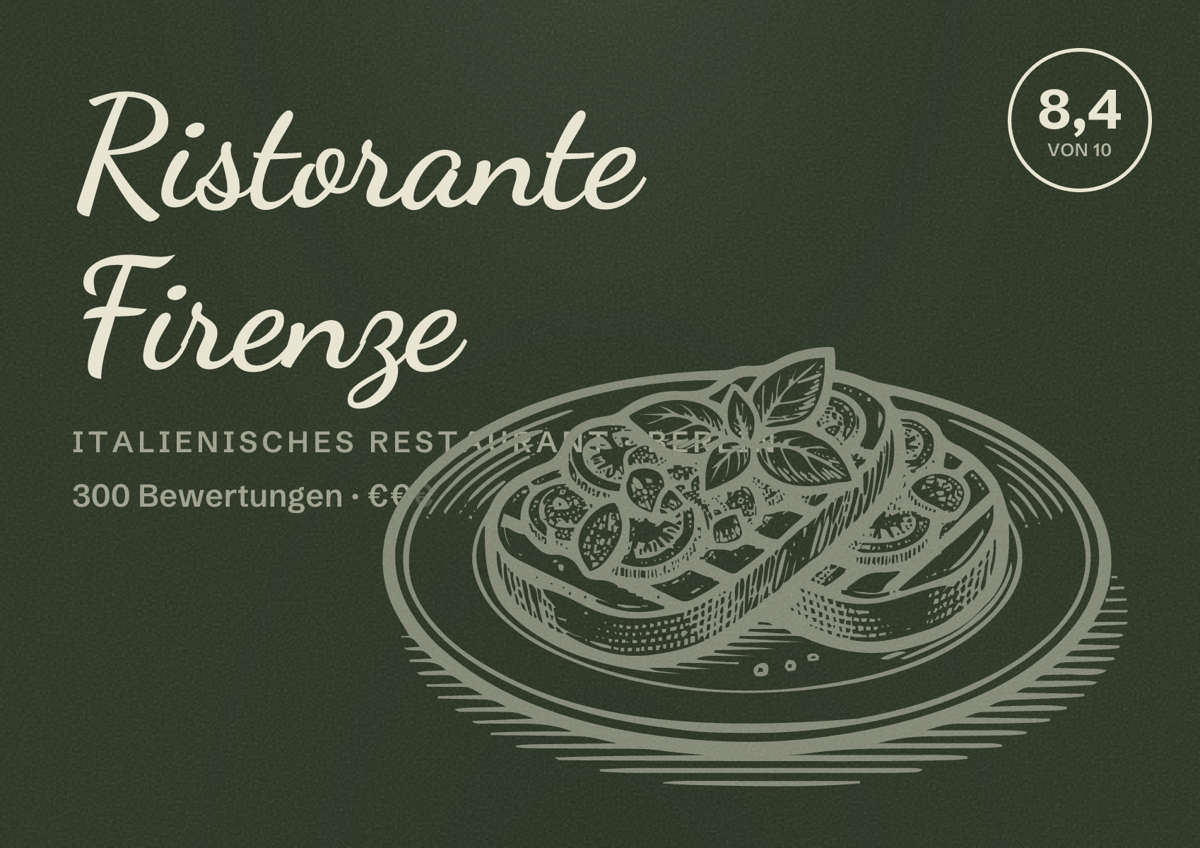 Illustriertes Poster von Ristorante Firenze, Italienisches Restaurant in Berlin: Bewertung 8,4 von 10 aus 300 Bewertungen, Preisniveau €€