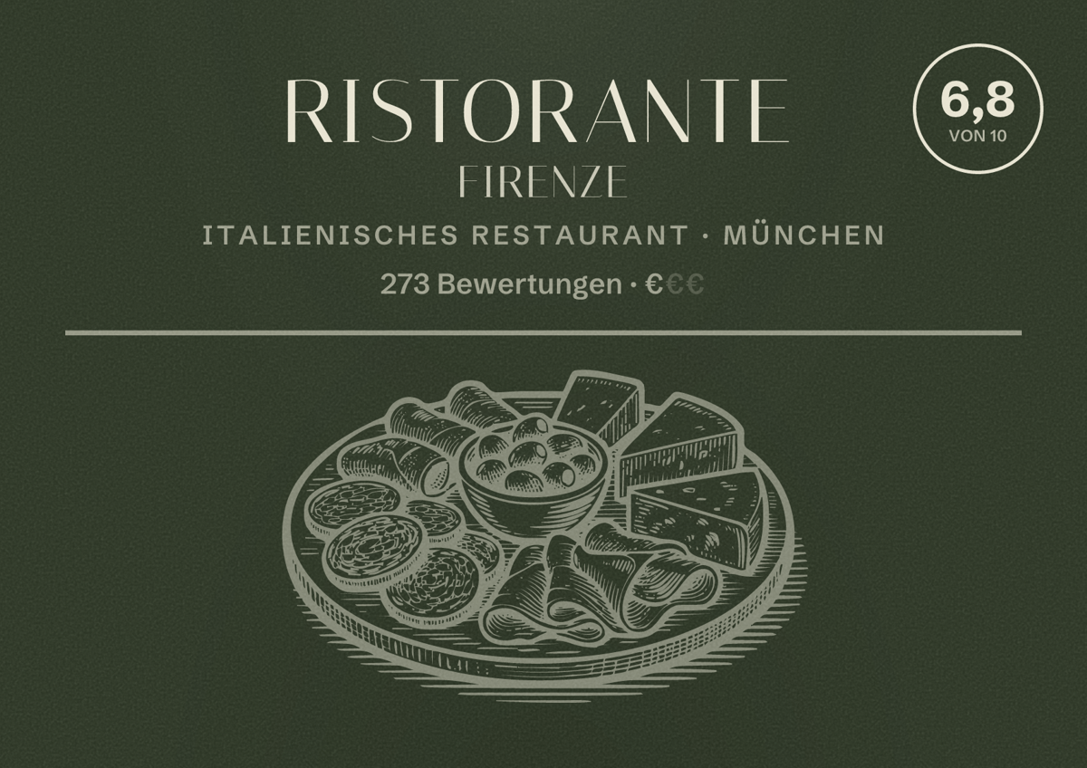 Illustriertes Poster von Ristorante Firenze, Italienisches Restaurant in München: Bewertung 6,8 von 10 aus 273 Bewertungen, Preisniveau €