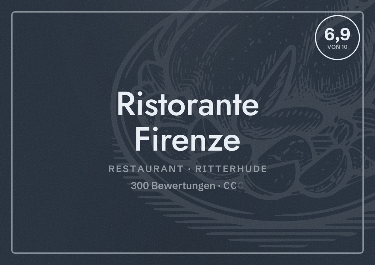 Illustriertes Poster von Ristorante Firenze, Restaurant in Ritterhude: Bewertung 6,9 von 10 aus 300 Bewertungen, Preisniveau €€