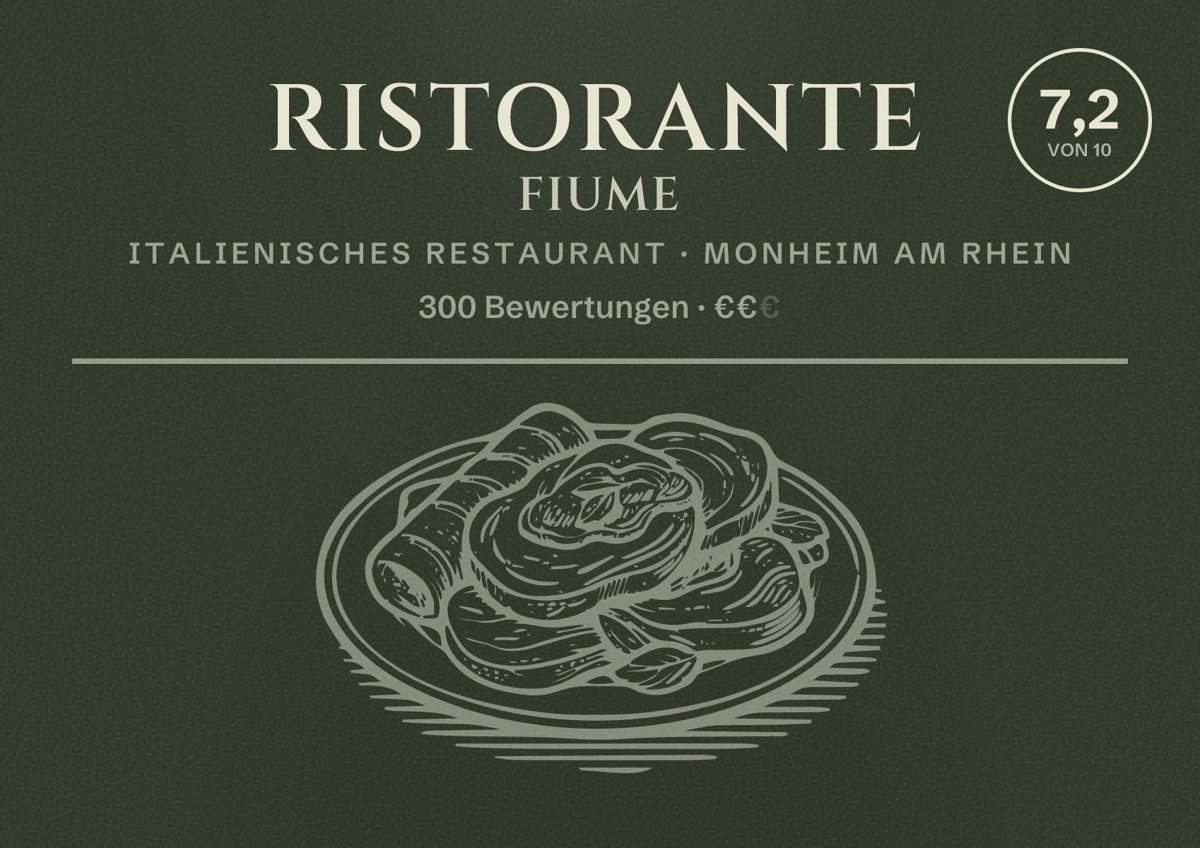 Illustriertes Poster von Ristorante Fiume, Italienisches Restaurant in Monheim am Rhein: Bewertung 7,2 von 10 aus 300 Bewertungen, Preisniveau €€