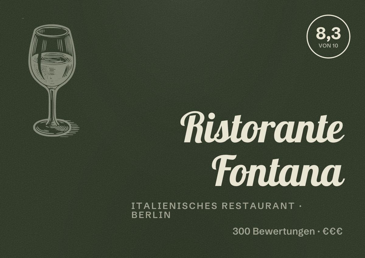 Illustriertes Poster von Ristorante Fontana, Italienisches Restaurant in Berlin: Bewertung 8,3 von 10 aus 300 Bewertungen, Preisniveau €€€