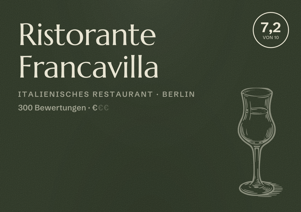 Illustriertes Poster von Ristorante Francavilla, Italienisches Restaurant in Berlin: Bewertung 7,2 von 10 aus 300 Bewertungen, Preisniveau €