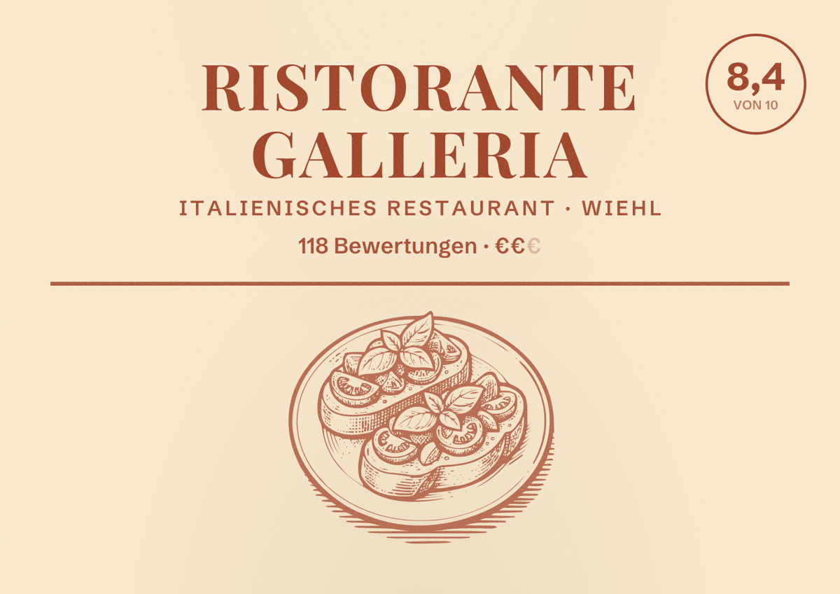 Illustriertes Poster von Ristorante Galleria, Italienisches Restaurant in Wiehl: Bewertung 8,4 von 10 aus 118 Bewertungen, Preisniveau €€