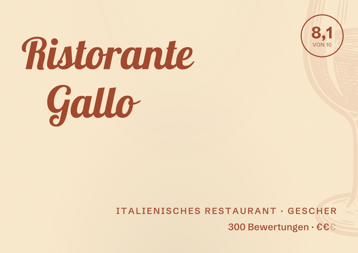 Illustriertes Poster von Ristorante Gallo, Italienisches Restaurant in Gescher: Bewertung 8,1 von 10 aus 300 Bewertungen, Preisniveau €€