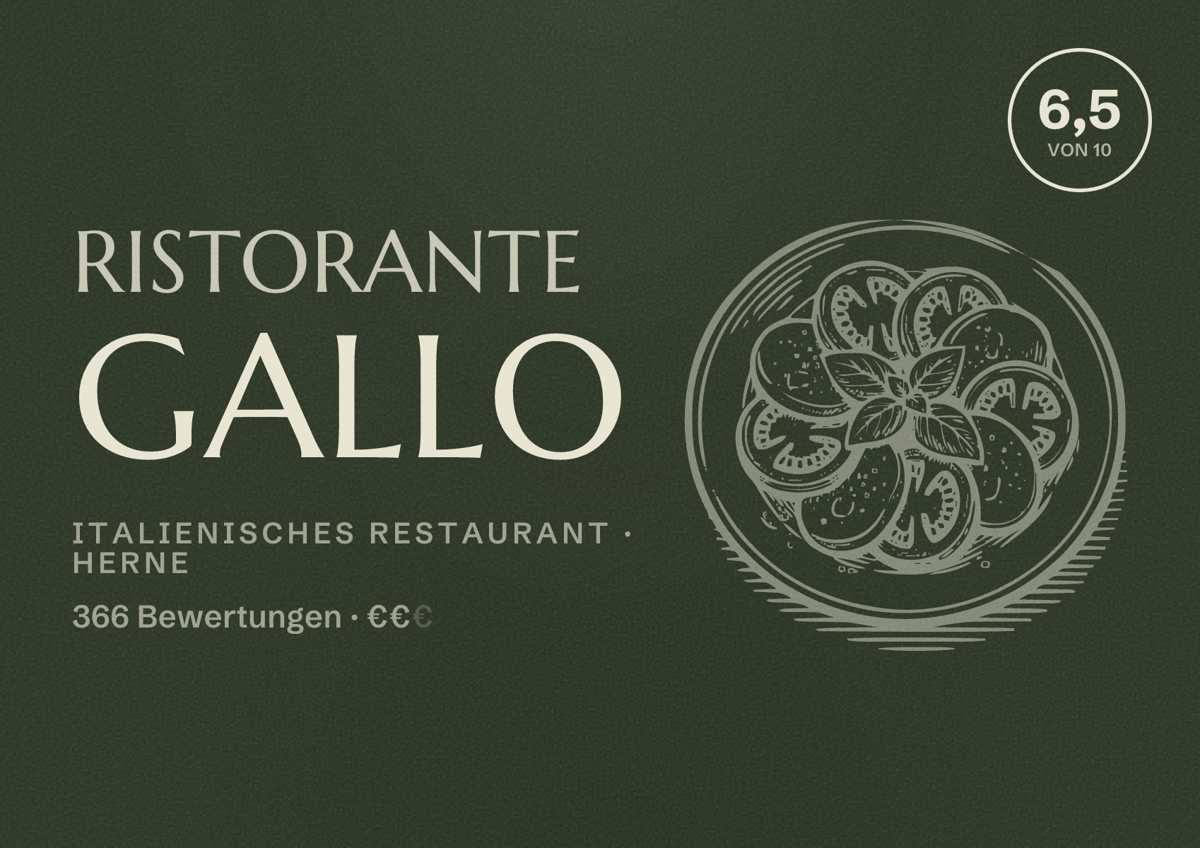 Illustriertes Poster von Ristorante Gallo, Italienisches Restaurant in Herne: Bewertung 6,5 von 10 aus 366 Bewertungen, Preisniveau €€