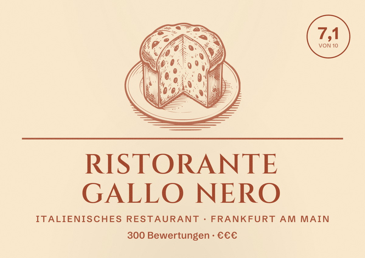 Illustriertes Poster von Ristorante Gallo Nero, Italienisches Restaurant in Frankfurt am Main: Bewertung 7,1 von 10 aus 300 Bewertungen, Preisniveau €€€