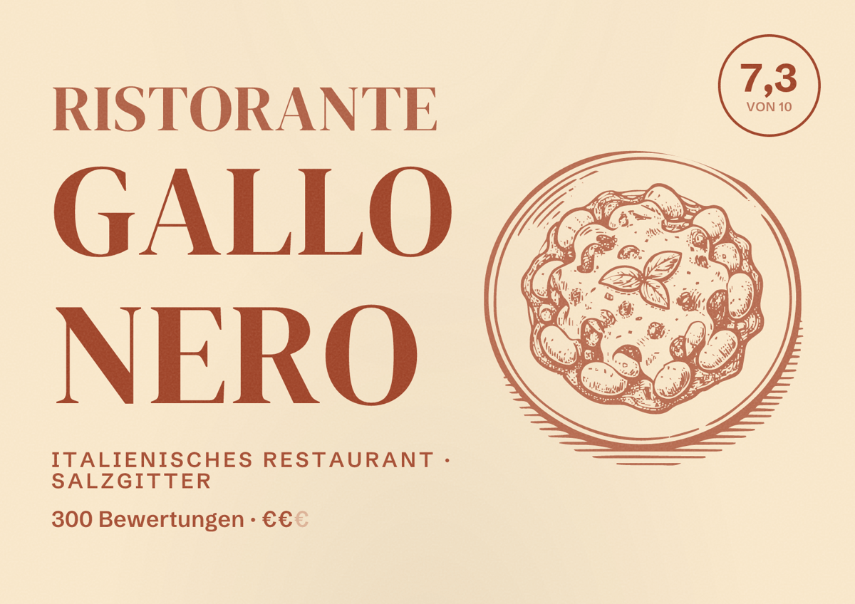 Illustriertes Poster von Ristorante Gallo Nero, Italienisches Restaurant in Salzgitter: Bewertung 7,3 von 10 aus 300 Bewertungen, Preisniveau €€