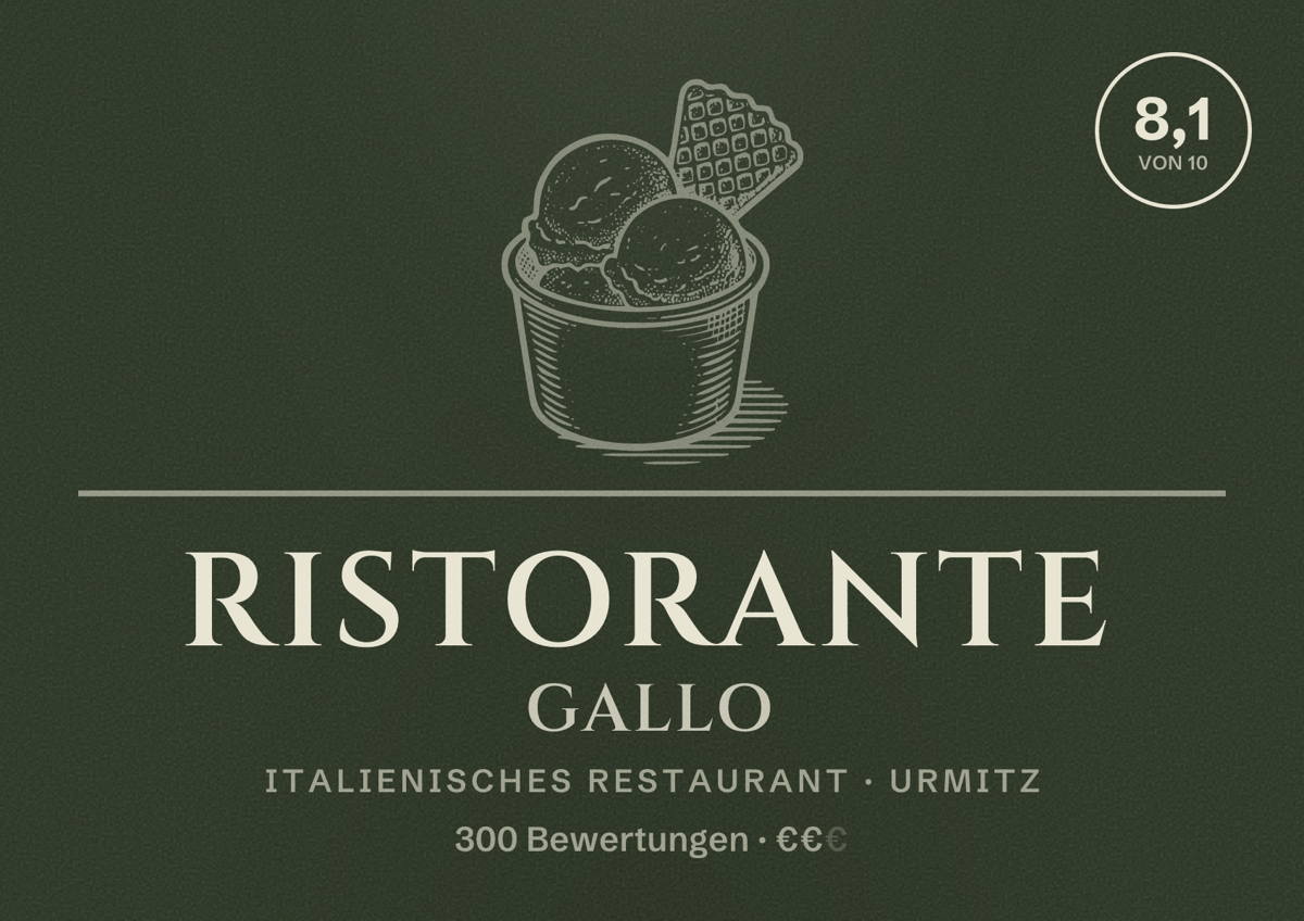 Illustriertes Poster von Ristorante Gallo, Italienisches Restaurant in Urmitz: Bewertung 8,1 von 10 aus 300 Bewertungen, Preisniveau €€