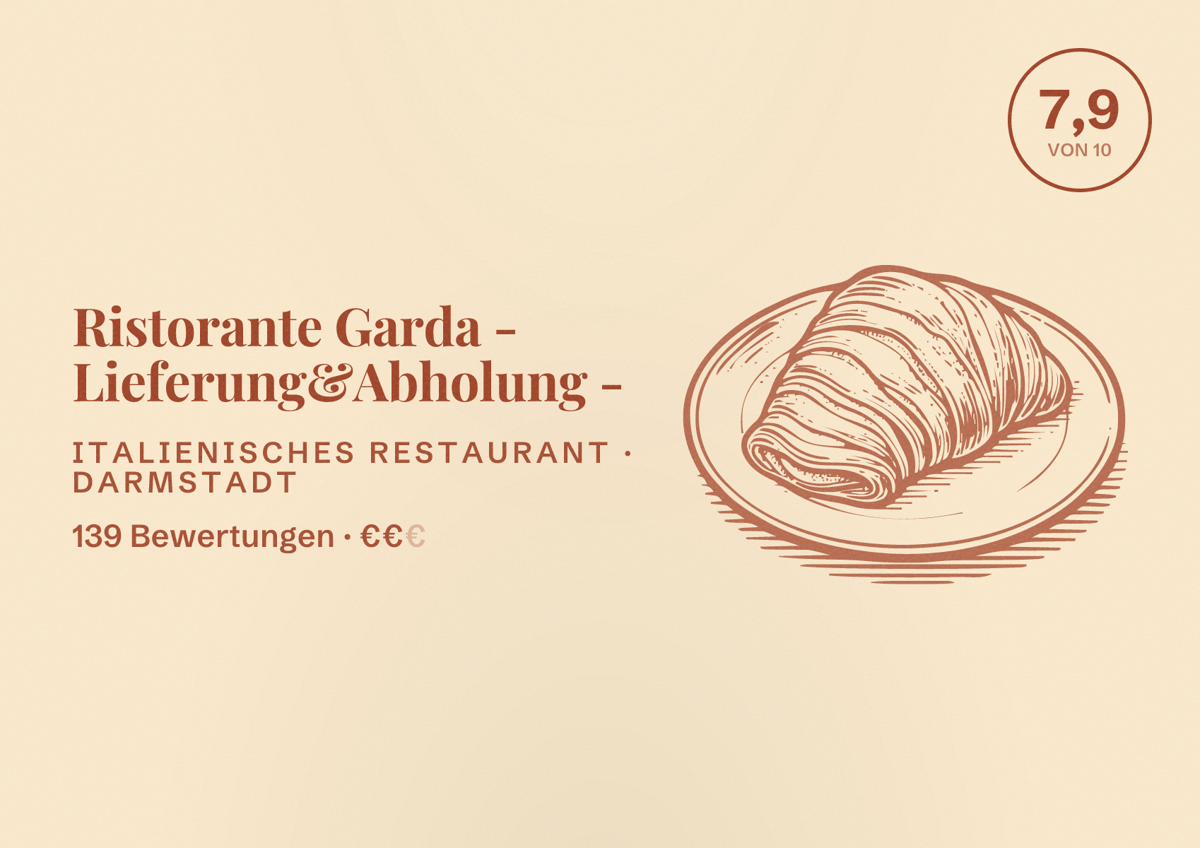 Illustriertes Poster von Ristorante Garda - Lieferung&Abholung -, Italienisches Restaurant in Darmstadt: Bewertung 7,9 von 10 aus 139 Bewertungen, Preisniveau €€