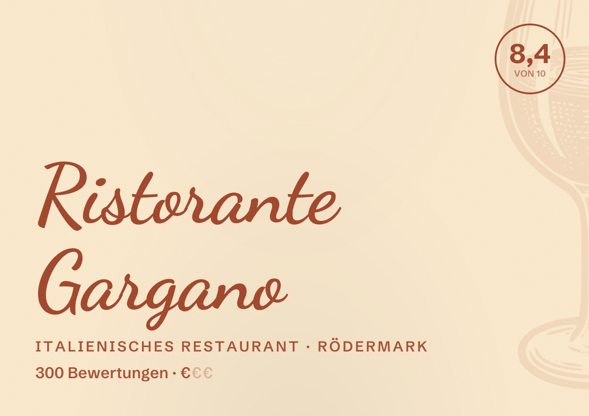 Illustriertes Poster von Ristorante Gargano, Italienisches Restaurant in Rödermark: Bewertung 8,4 von 10 aus 300 Bewertungen, Preisniveau €