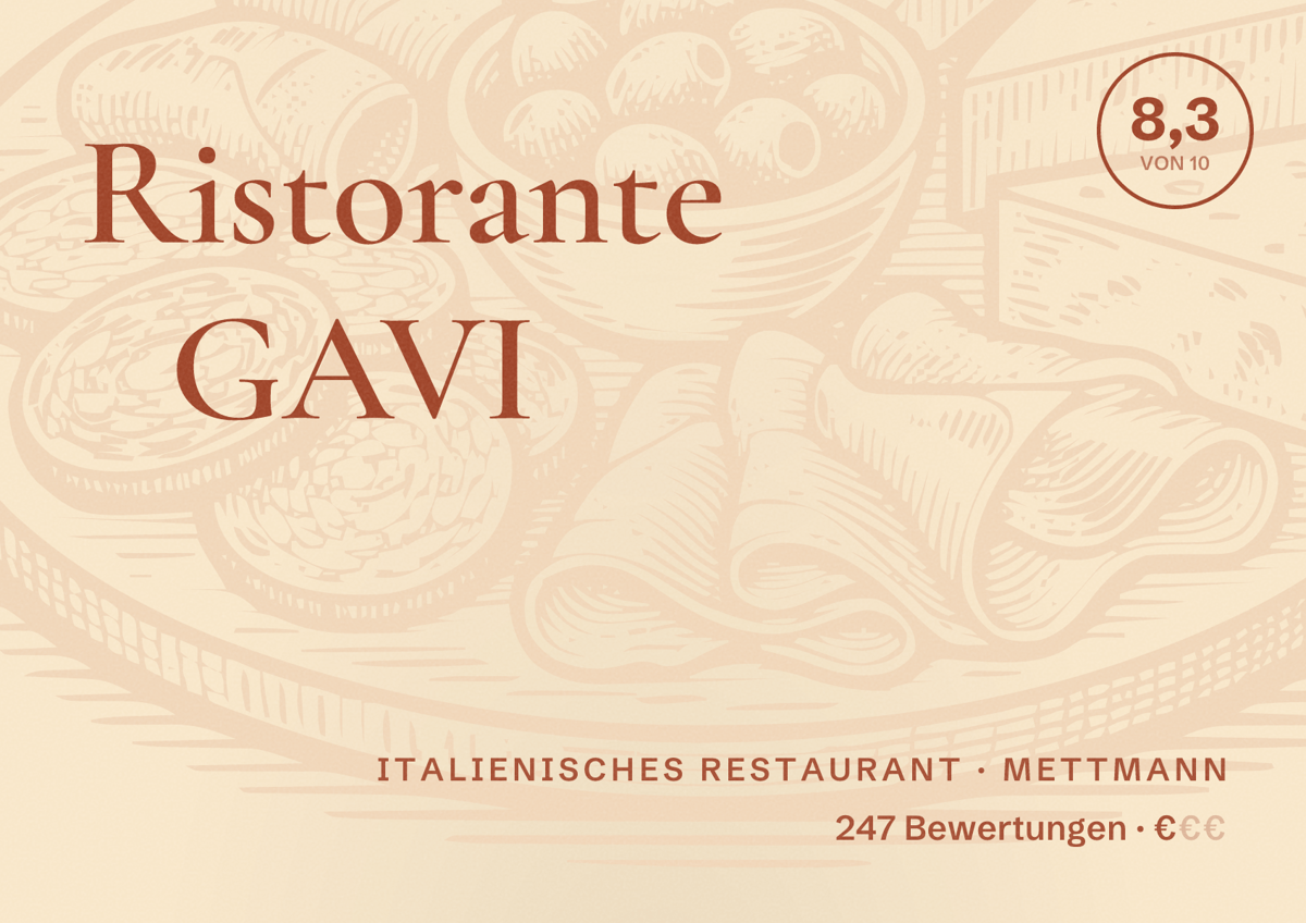 Illustriertes Poster von Ristorante GAVI, Italienisches Restaurant in Mettmann: Bewertung 8,3 von 10 aus 247 Bewertungen, Preisniveau €