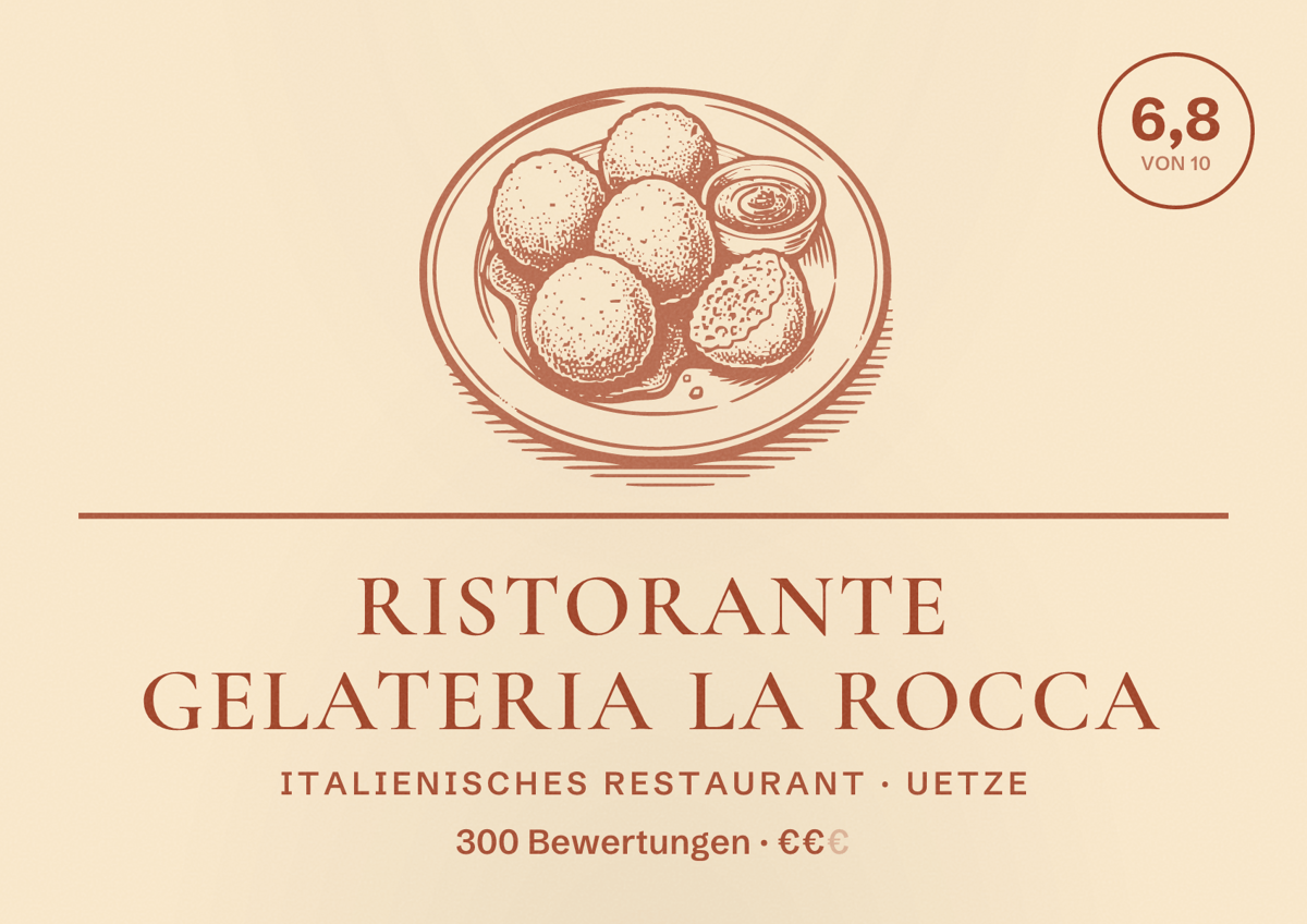 Illustriertes Poster von Ristorante Gelateria La Rocca, Italienisches Restaurant in Uetze: Bewertung 6,8 von 10 aus 300 Bewertungen, Preisniveau €€