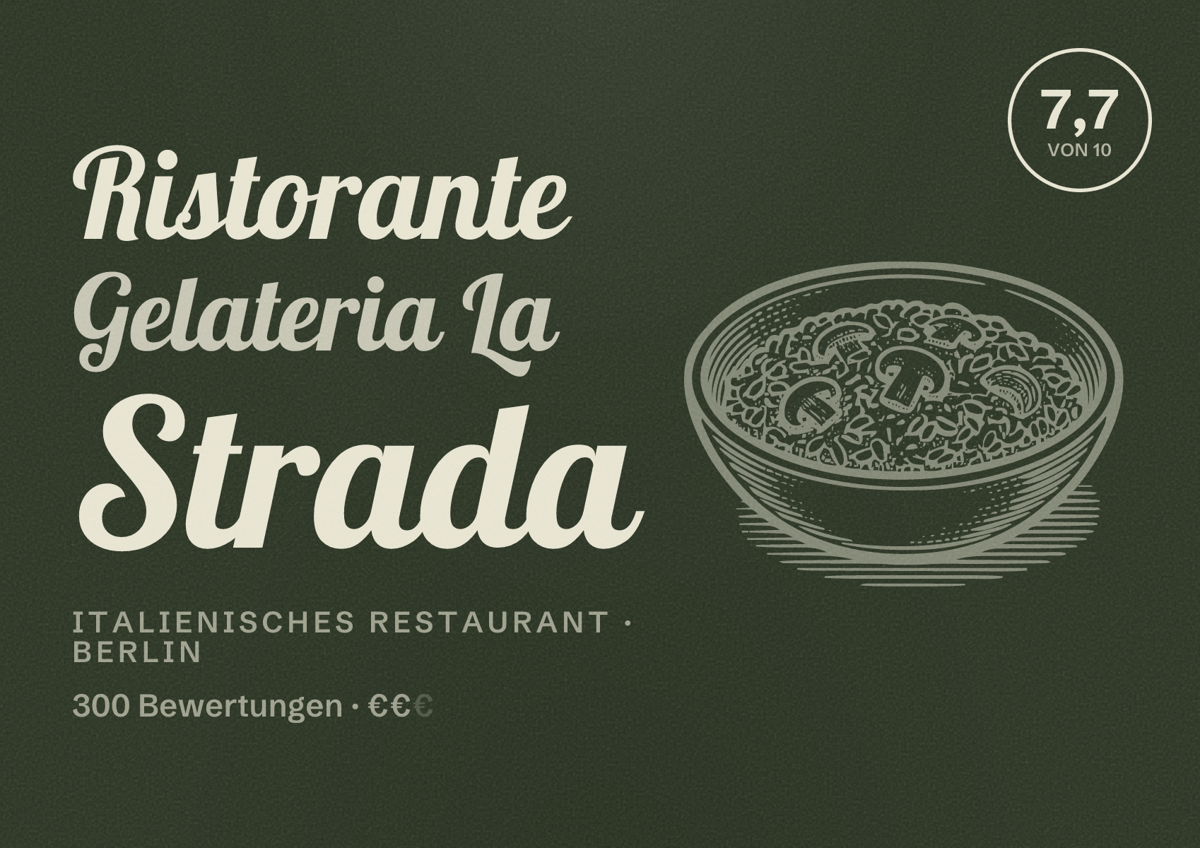 Illustriertes Poster von Ristorante Gelateria La Strada, Italienisches Restaurant in Berlin: Bewertung 7,7 von 10 aus 300 Bewertungen, Preisniveau €€