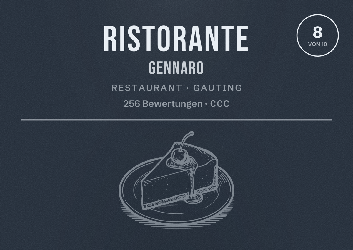 Illustriertes Poster von Ristorante Gennaro, Restaurant in Gauting: Bewertung 8 von 10 aus 256 Bewertungen, Preisniveau €€€