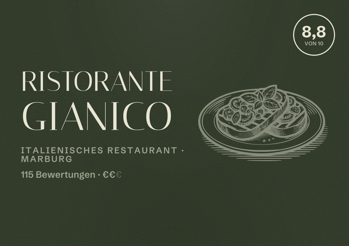 Illustriertes Poster von Ristorante Gianico, Italienisches Restaurant in Marburg: Bewertung 8,8 von 10 aus 115 Bewertungen, Preisniveau €€