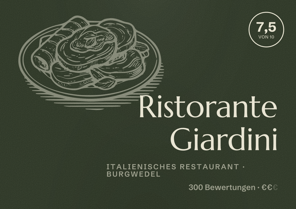 Illustriertes Poster von Ristorante Giardini, Italienisches Restaurant in Burgwedel: Bewertung 7,5 von 10 aus 300 Bewertungen, Preisniveau €€