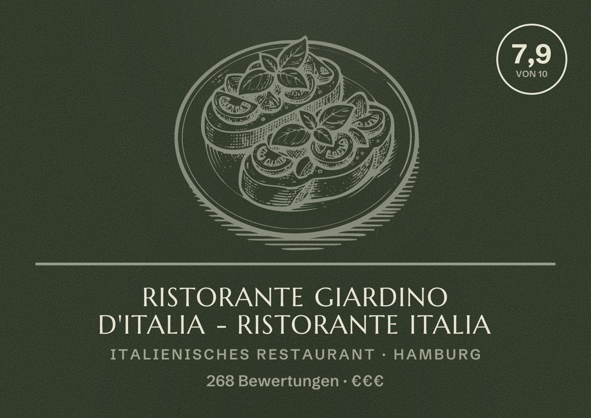 Illustriertes Poster von Ristorante Giardino d'italia - Ristorante Italia, Italienisches Restaurant in Hamburg: Bewertung 7,9 von 10 aus 268 Bewertungen, Preisniveau €€€