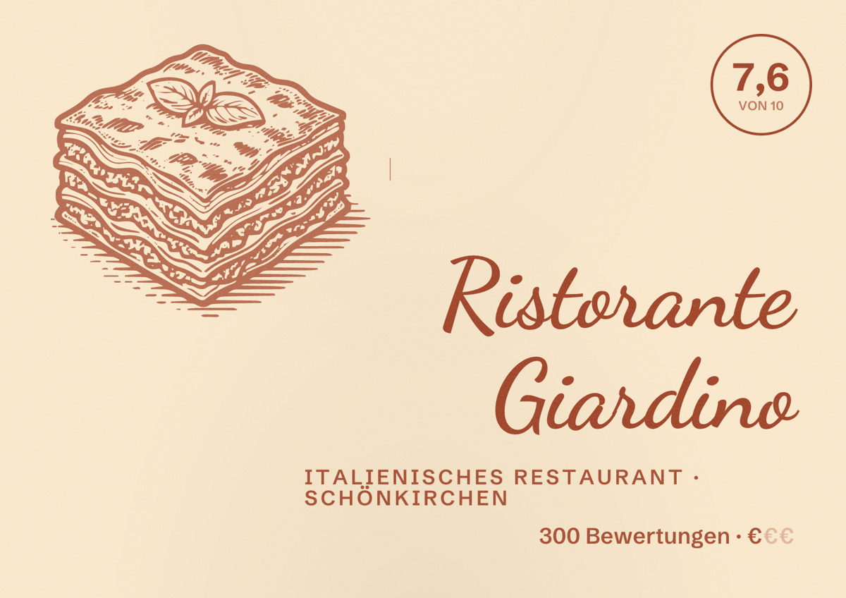 Illustriertes Poster von Ristorante Giardino, Italienisches Restaurant in Schönkirchen: Bewertung 7,6 von 10 aus 300 Bewertungen, Preisniveau €