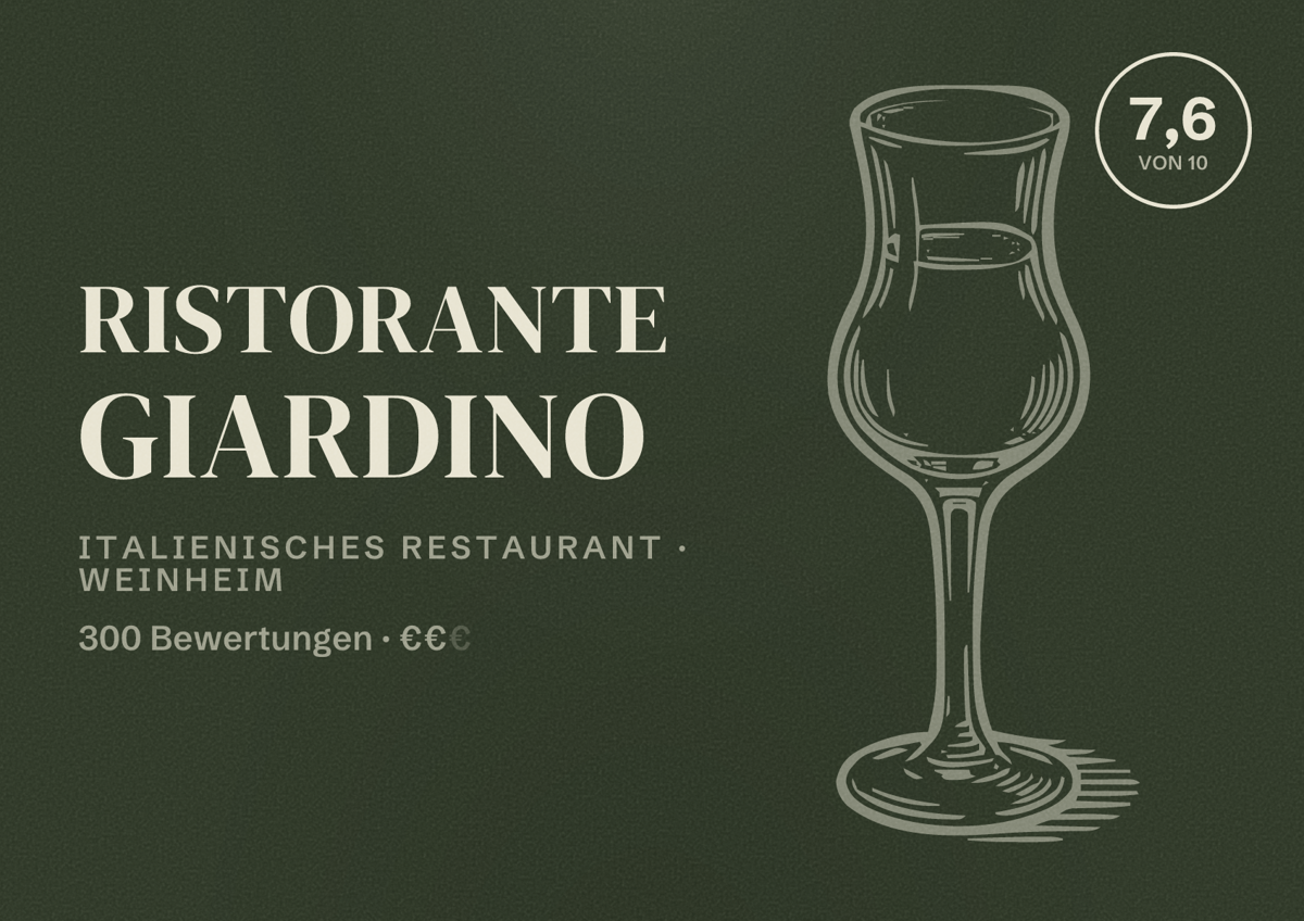 Illustriertes Poster von Ristorante Giardino, Italienisches Restaurant in Weinheim: Bewertung 7,6 von 10 aus 300 Bewertungen, Preisniveau €€