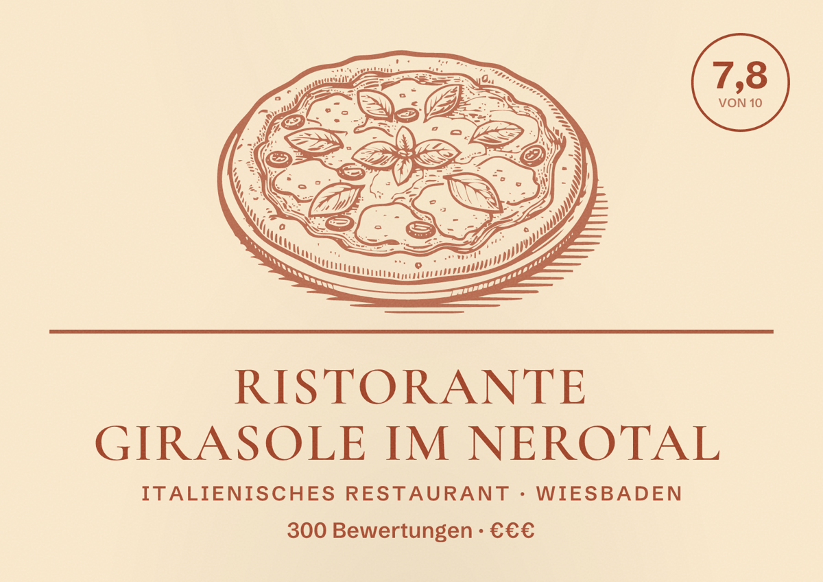 Illustriertes Poster von Ristorante Girasole im Nerotal, Italienisches Restaurant in Wiesbaden: Bewertung 7,8 von 10 aus 300 Bewertungen, Preisniveau €€€