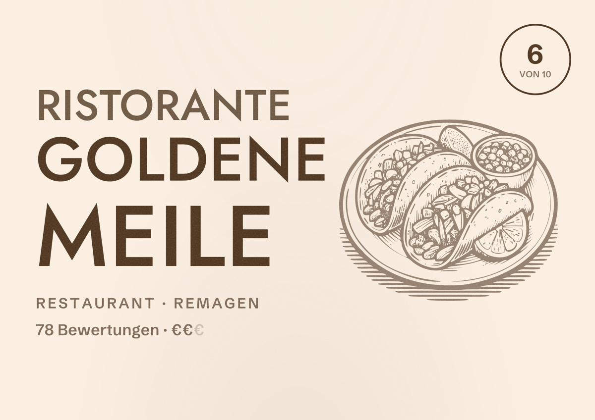Illustriertes Poster von Ristorante Goldene Meile, Restaurant in Remagen: Bewertung 6 von 10 aus 78 Bewertungen, Preisniveau €€