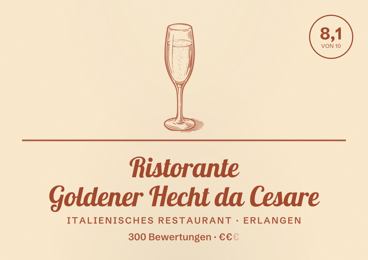Illustriertes Poster von Ristorante Goldener Hecht da Cesare, Italienisches Restaurant in Erlangen: Bewertung 8,1 von 10 aus 300 Bewertungen, Preisniveau €€