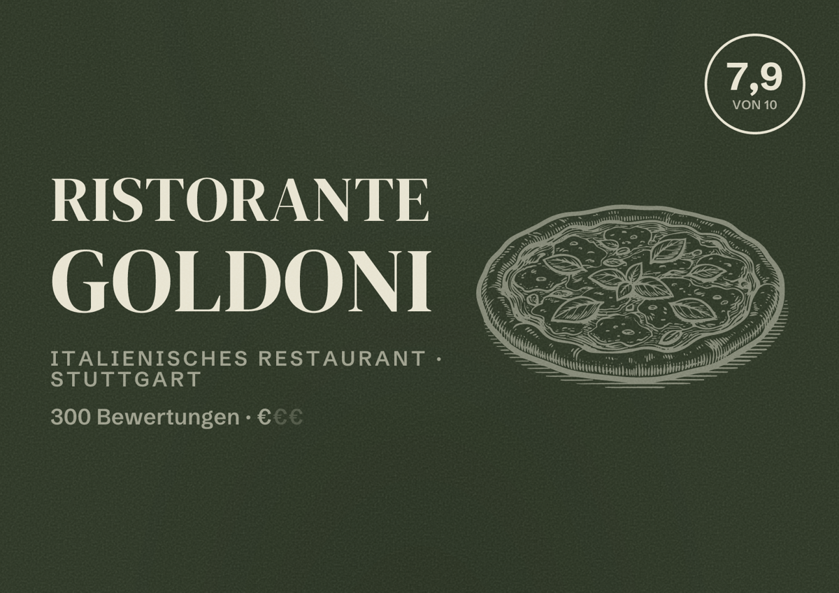 Illustriertes Poster von Ristorante Goldoni, Italienisches Restaurant in Stuttgart: Bewertung 7,9 von 10 aus 300 Bewertungen, Preisniveau €