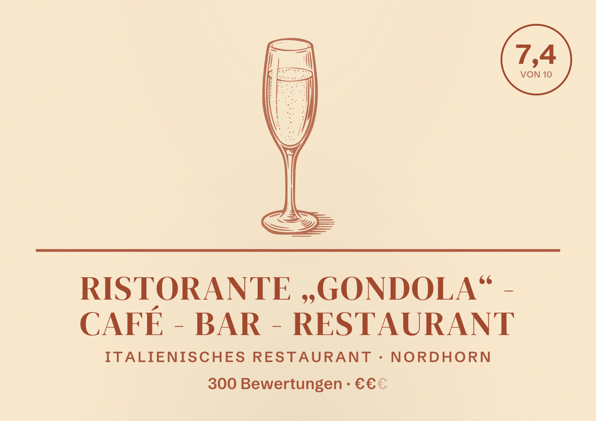 Illustriertes Poster von Ristorante „Gondola“ - Café - Bar - Restaurant, Italienisches Restaurant in Nordhorn: Bewertung 7,4 von 10 aus 300 Bewertungen, Preisniveau €€